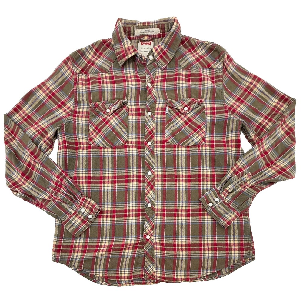Levis Mens XL Plaidā Western Snap Button Shirt Red Brown Flannel Modern Fit